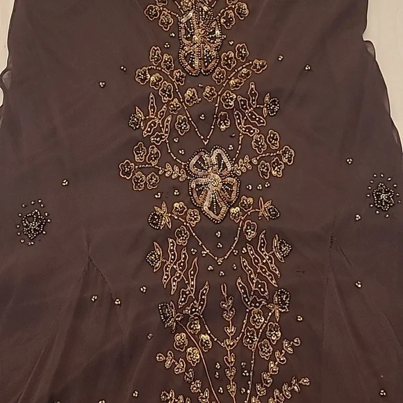 EUC VTG Marina 100% Silk Beaded and Sequined Chocolate Bown Lined Dress - Picture 5 of 17
